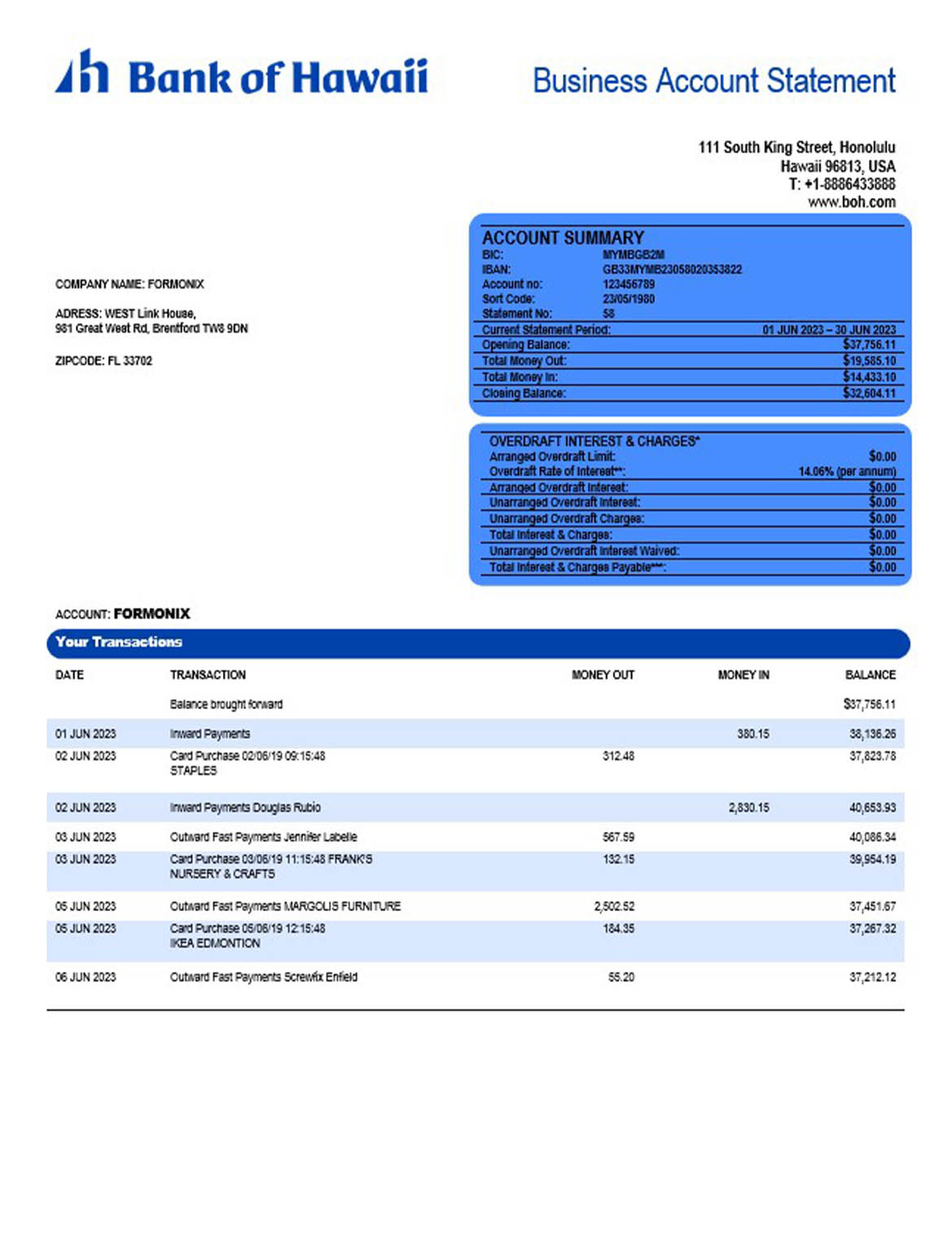  Bank of Hawaii firm account statement 